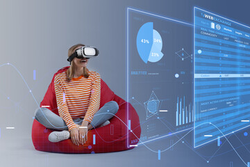 Woman using digital screen with data via virtual reality headset on black background. Innovative technology for business
