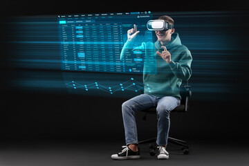 Man using digital screen with data via virtual reality headset on black background. Innovative...