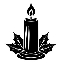 A festive black silhouette illustration of a single glowing candle with a warm flame perfect for holiday or celebration themes