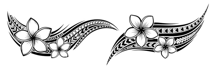Two tribal tattoo designs with plumeria flowers, polynesian and hawaiian style © msmdesign