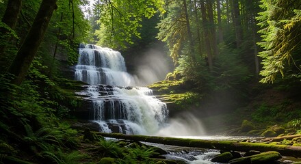 Majestic Waterfall Cascading Through Lush Green Forest Landscape Offering a Serene and Tranquil Nature Experience Perfect for Outdoor Adventure Enthusiasts