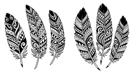 Collection of tribal feather tattoo designs, polynesian and hawaiian style © msmdesign