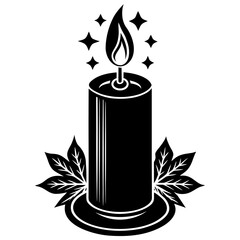Festive black silhouette illustration of a single candle with a glowing flame perfect for holiday celebrations and warm ambiance designs
