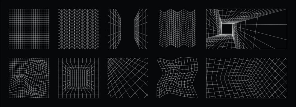 3d grid. Isometric line space. Futuristic wire pattern or mesh shape. Cyberpunk vanishing net elements. Y2k wireframe. Checkered surface. Distorted vortex. Vector cyber backgrounds set