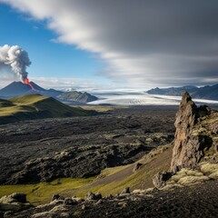 Volcanic eruption with glowing lava and smoke plume amidst a dramatic landscape in iceland