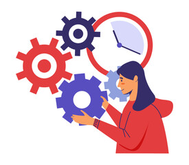 Woman time management. Girl and technology gears, alarm clock symbol. Productivity working process organization. Calendar and agenda. Chronometer vector cartoon flat illustration