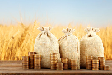 Agricultural production profit. Money bags and coins against wheat field