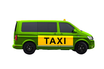 Taxi car with logo and top sign isolated on white, side view