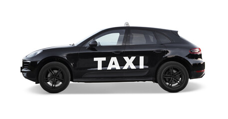 Taxi car with logo and top sign isolated on white, side view