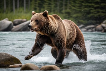 Obraz premium Grizzlybär läuft durch sprudelndes Flussbett in natürlicher Umgebung