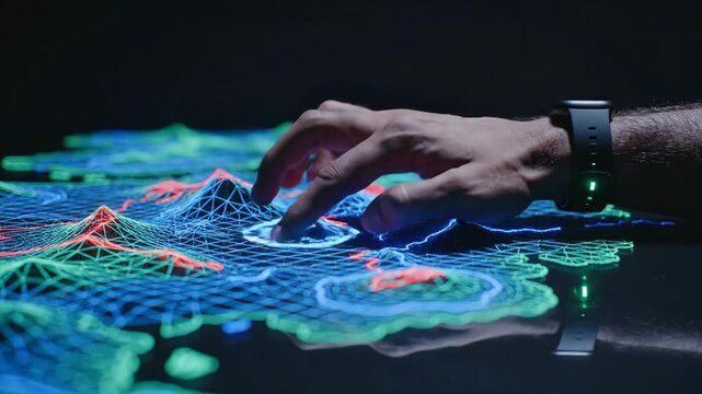 A man's hand touching a glowing 3D holographic map of a landscape. Interactive data visualization for strategic planning. Future technology and innovation concept