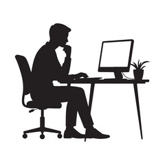 Silhouette of a person contemplating while working at a desk with a computer, minimalist office scene