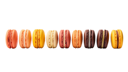 Colorful macarons lined up on a transparent background.