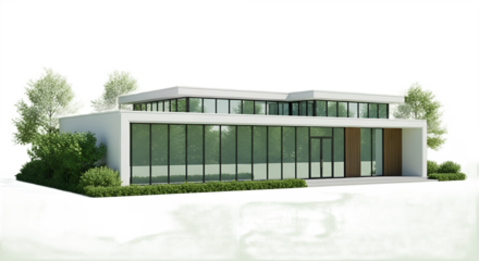 Contemporary building with glass windows surrounded by green trees and manicured bushes.