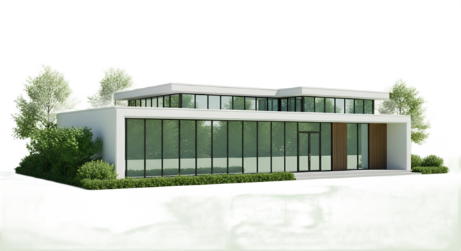 Contemporary building with glass windows surrounded by green trees and manicured bushes.