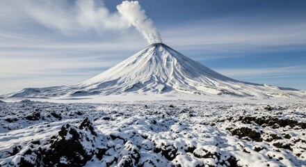 Snowcovered volcano with smoke plume rising into a clear blue sky