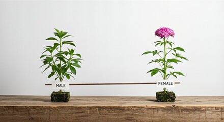 Two small potted plants, one labeled 'MALE' and the other 'FEMALE' with a pink flower, connected by a bar on a wooden surface.