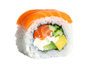 Delicious salmon sushi roll with avocado and cream cheese isolated on transparent background