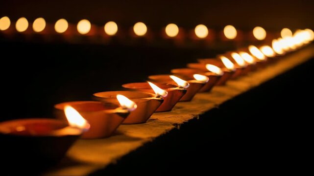 line of burning diya clay lamps casting warm glow in darkness. traditional indian festival of lights celebration. deepavali holiday concept. banner, greeting card design with copy space.