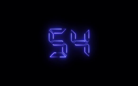 Illuminated digital display showing the number fifty four with a neon blue glow on a black background