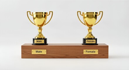 Two golden trophies, one labeled 'Male' and the other 'Female', displayed on a wooden podium.