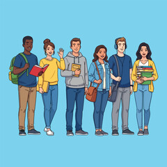 Fototapeta premium Group of diverse students with books and backpacks on a blue background