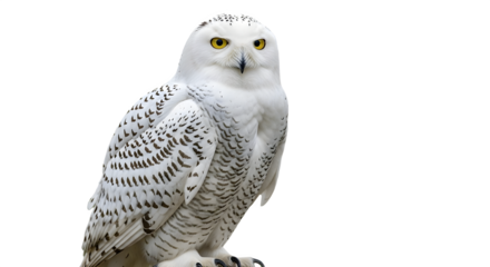 Majestic Snowy Owl stares intensely with piercing yellow eyes against a dark and stark background.