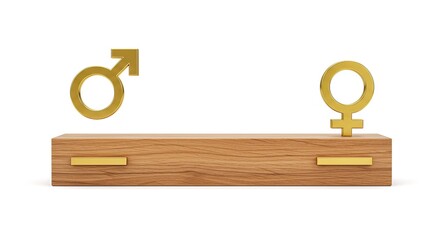 Golden male and female gender symbols perfectly balanced on a wooden seesaw, representing equality.