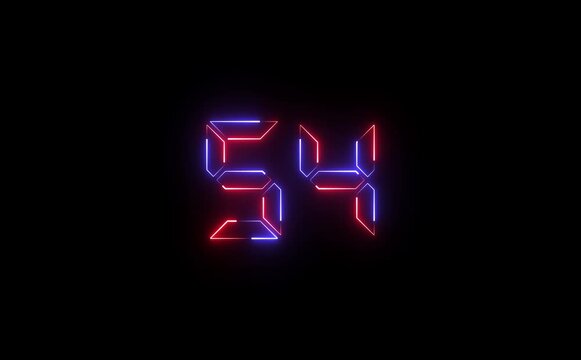 Neon glowing digits fifty four displayed on a black background in a digital style formation