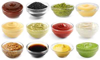 Wasabi and other condiments isolated on white, set