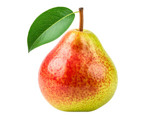 Ripe red and yellow pear with a green leaf isolated on transparent background
