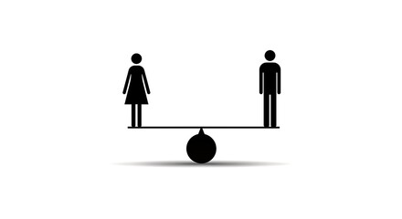 A graphic representation of gender equality, showing a male and female figure balanced on a seesaw.