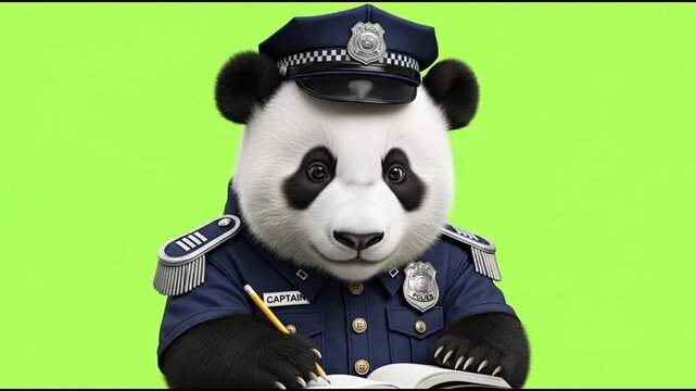 A panda bear dressed as a police officer against a