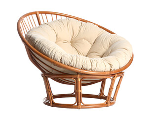 Round rattan papasan chair with cream cushion isolated on transparent background