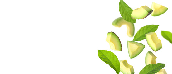 Fresh avocado slices and green leaves falling on white background
