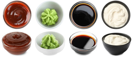 Wasabi and other condiments isolated on white, set. Top and side view