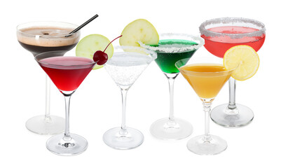 Different alcohol cocktails isolated on white, set