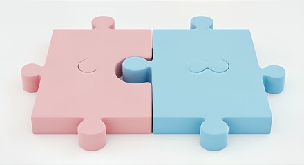 Interlocking pink and blue jigsaw puzzle pieces symbolizing gender, relationships, and compatibility on a white background.