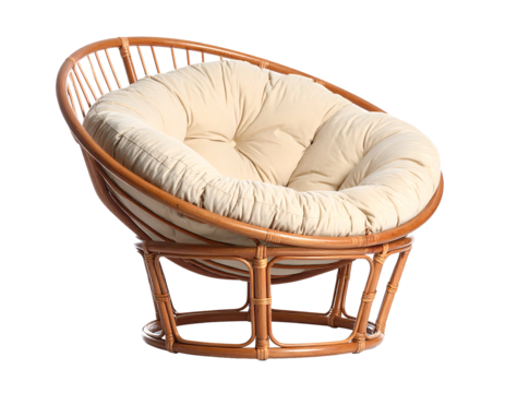 Round rattan papasan chair with cream cushion isolated on transparent background