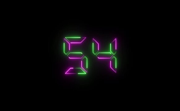 Illuminated number fifty four glowing with neon green and purple lights on a black background view