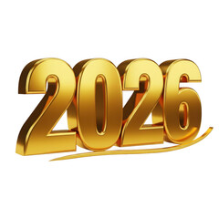 Shiny golden 3d number 2026 with subtle curve isolated on transparent background
