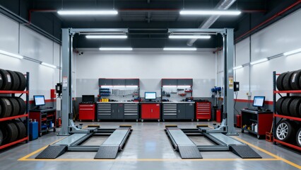 Empty Modern Auto Service Center with Hoists and Equipment