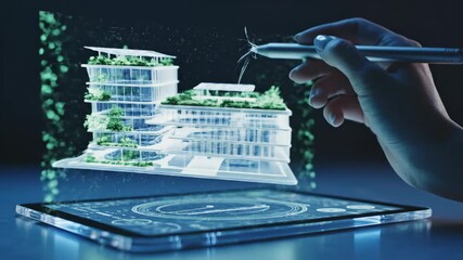 A hand designs a futuristic sustainable building using a holographic model. Vertical video of an architect using a tablet for a green architecture project. Smart city and renewable energy technology - Powered by Adobe