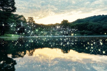 Digital network concept with glowing lines over serene lake at sunset