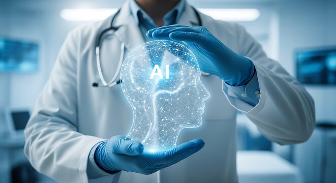 Doctor Holding AI Brain Model Representing Artificial Intelligence in Healthcare Innovation and Medical Technology Advancements for Brain Research