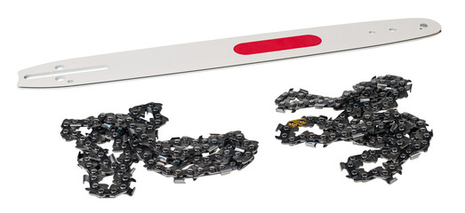 Two tangled chainsaw chains and guide bar of alloy steel isolated on panoramic white background....