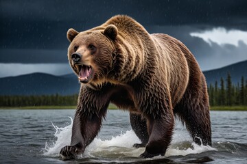 Obraz premium Grizzlybär in bedrohlicher Pose – Dramatik eines Bären im Wasser mit intensiver Mimik