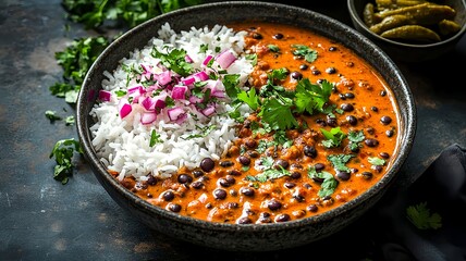 A rustic dish of Dal Makhani with slow-cooked black lentils in a buttery, creamy tomato sauce, served with jeera rice and pickles