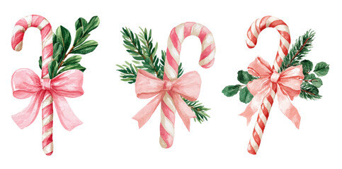 Watercolor set of pink Christmas caramel candies decorated with Christmas tree branches and pink. Christmas sweets. Gifts for Christmas and New Year holidays. Vector illustration.