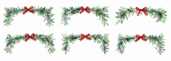 Watercolor set of vintage Christmas frames. Christmas divider made of green fir tree branches decorated with holly and red bow. Retro frames for Christmas designs, greetings, texts, etc. 